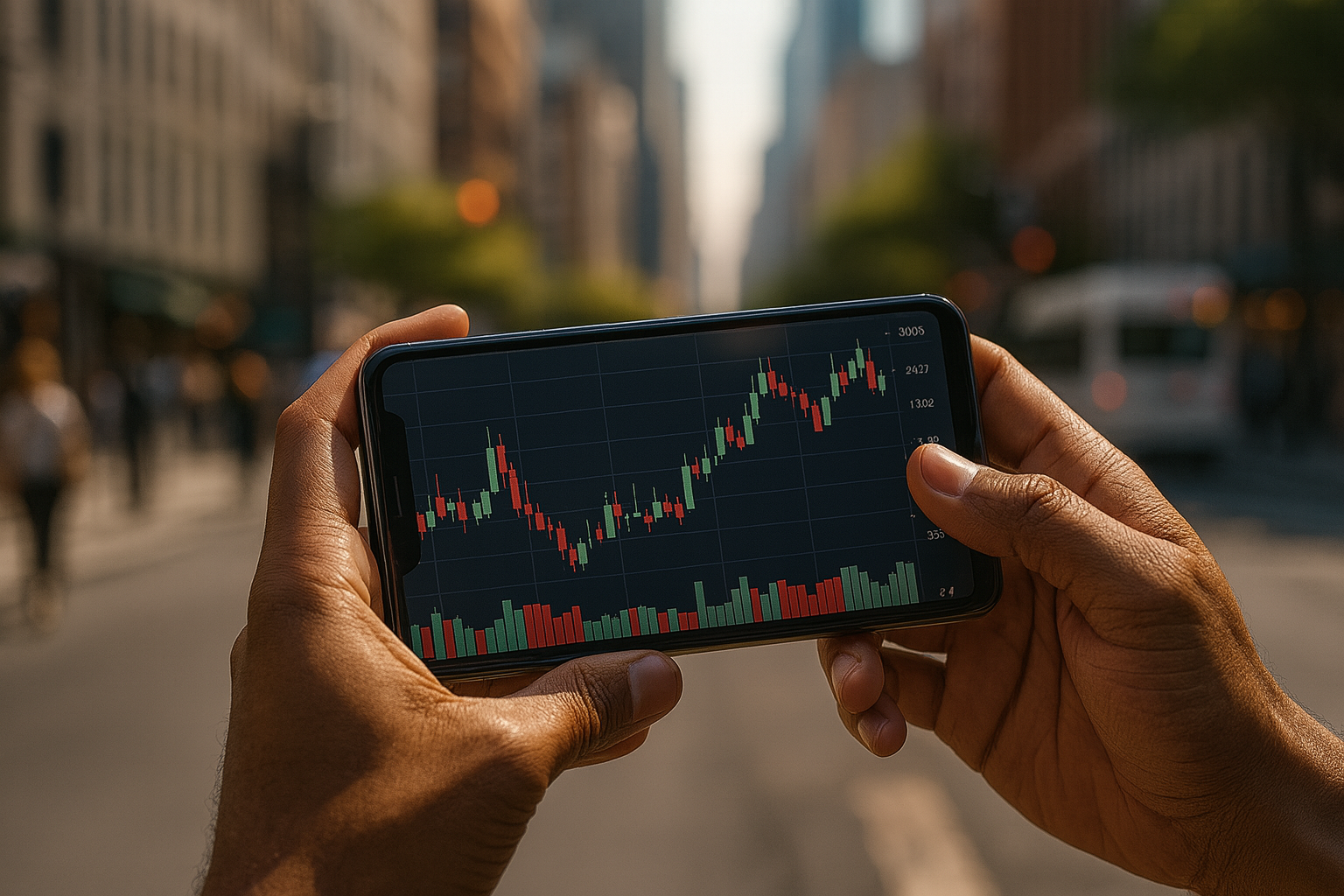 Hands holding a phone with a crypto chart in daylight city scene